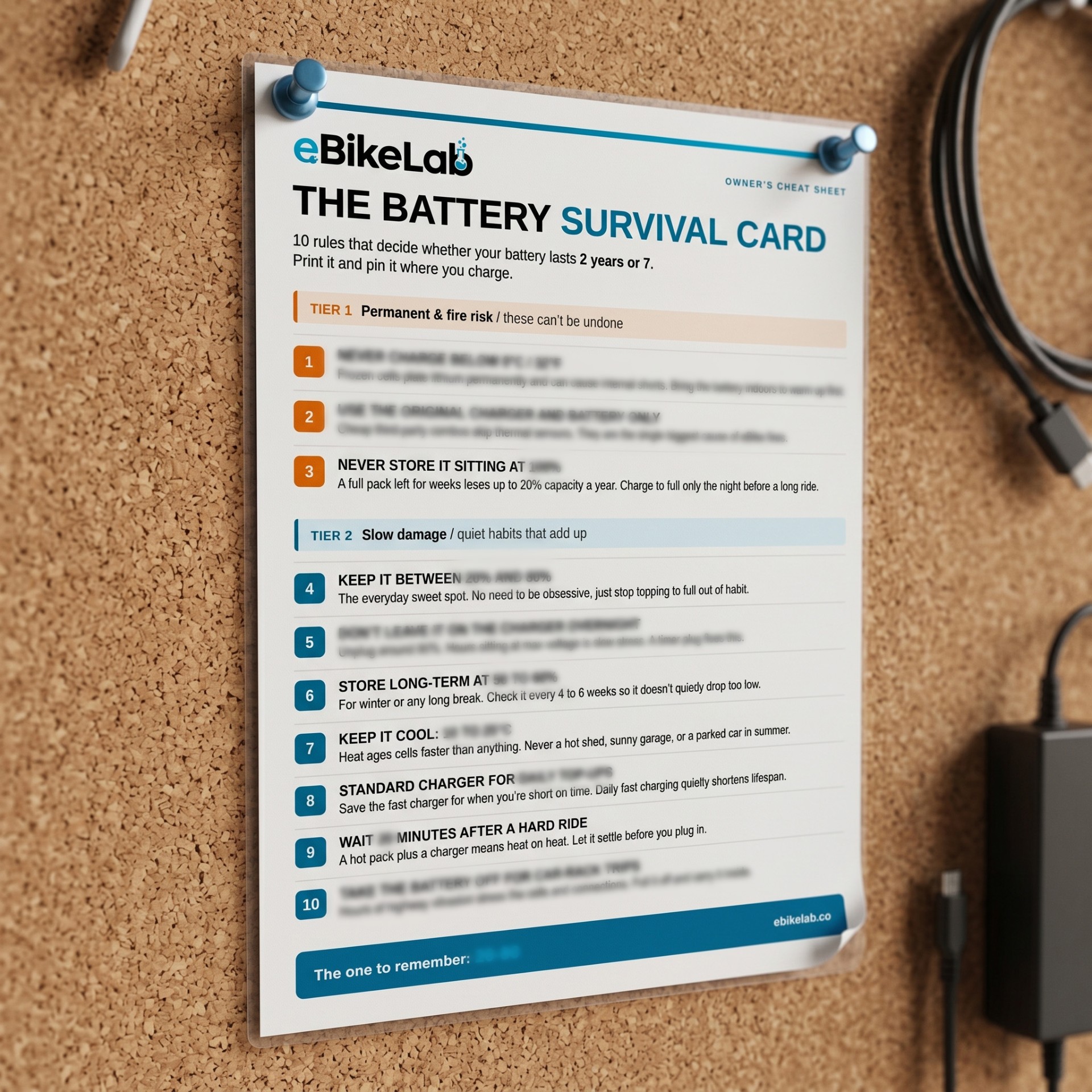 The Battery Survival Card, printed and pinned by a charger