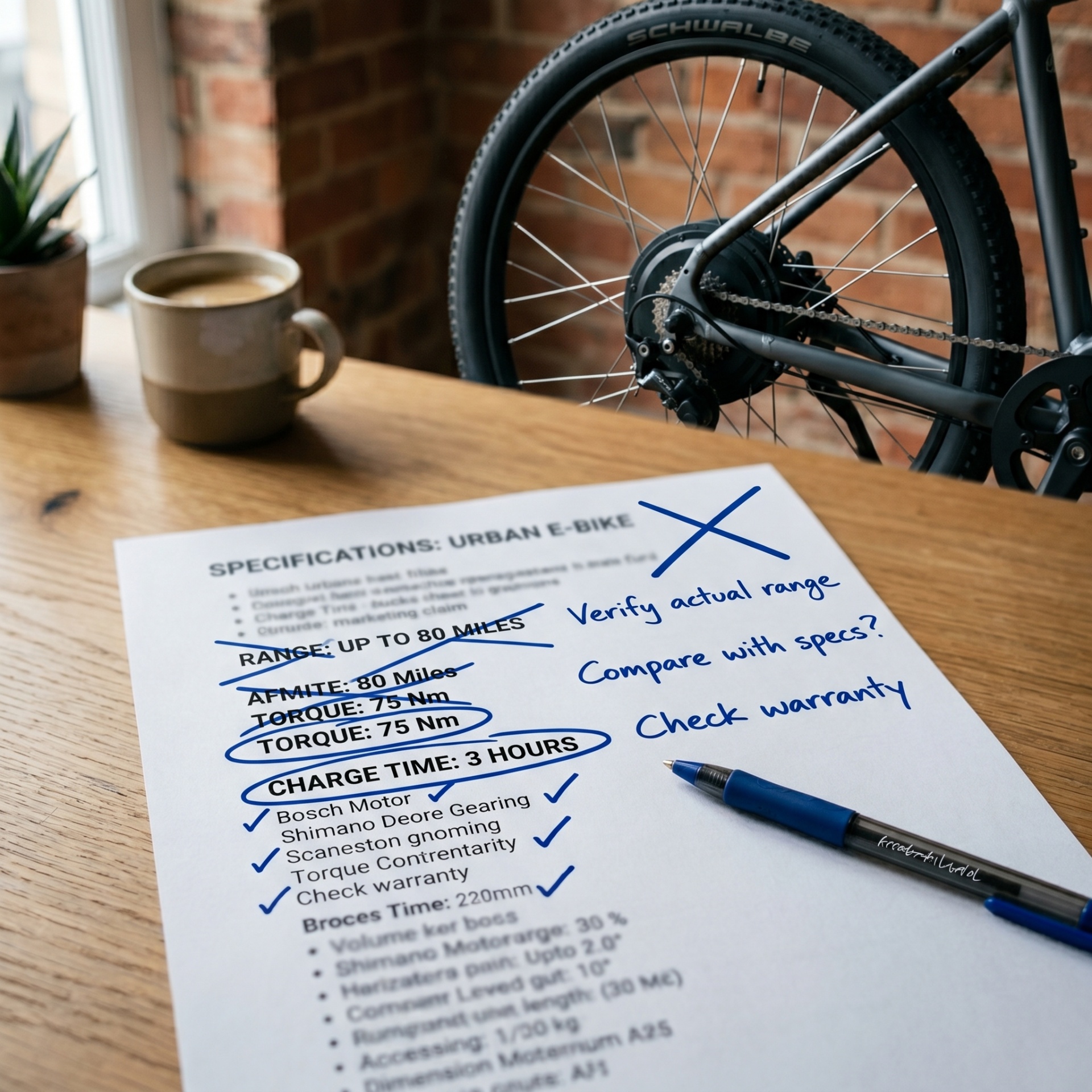 Marked up eBike specification sheet on a wooden desk next to a coffee cup