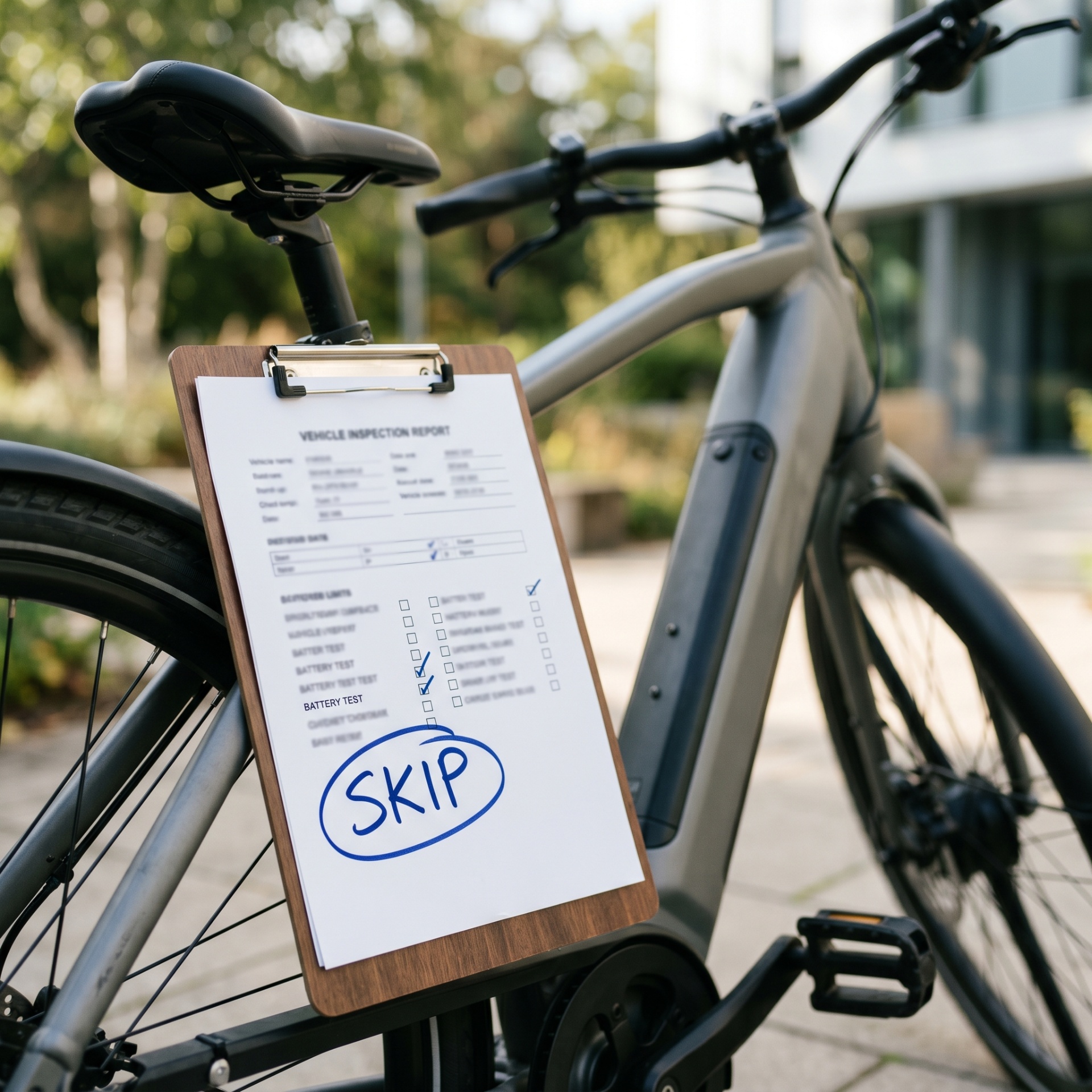 Clipboard with the buy or skip worksheet attached to an eBike